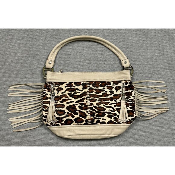 B. Makowsky Calf Hair Leather Leopard Print Handbag With Tassels Fringe Purse - Picture 1 of 10